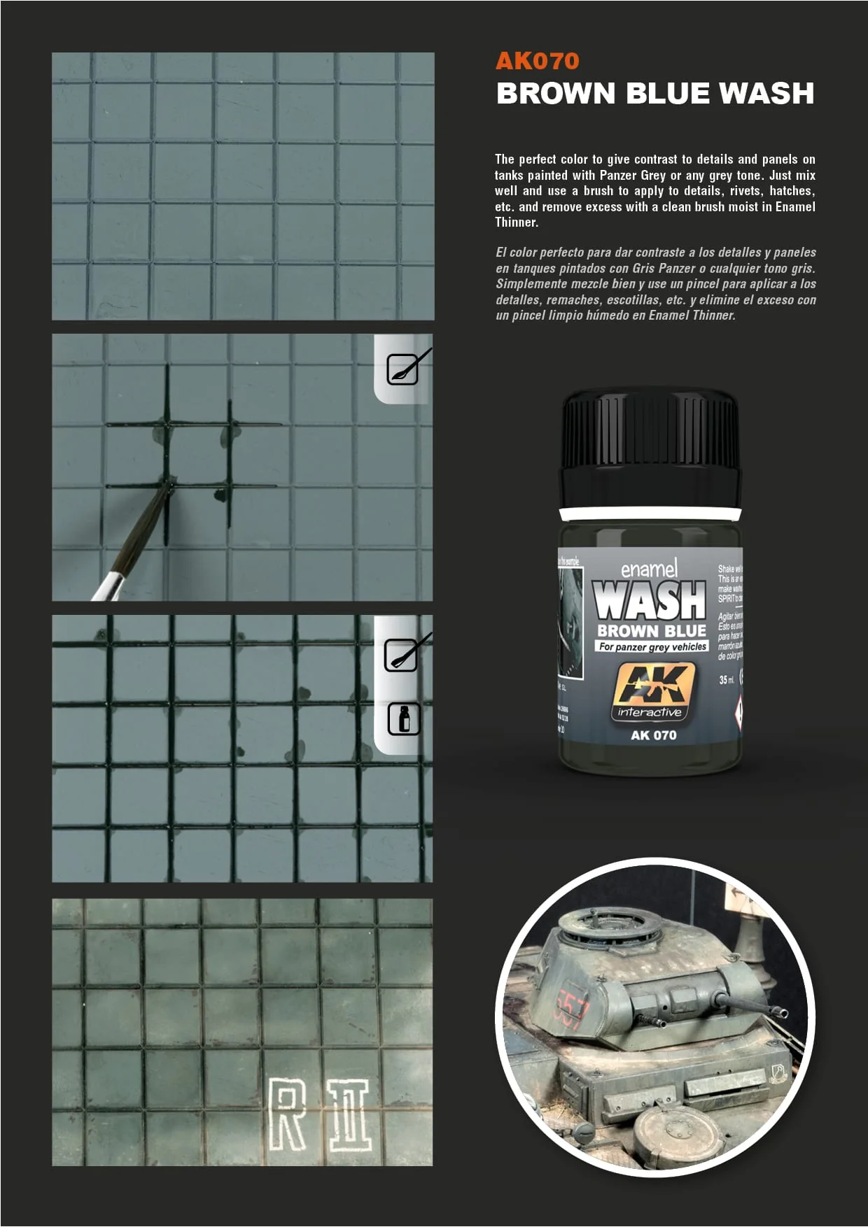 AK Interactive Enamel Effect Weathering Colour 35ml - Wash For Panzer Grey - Image 2