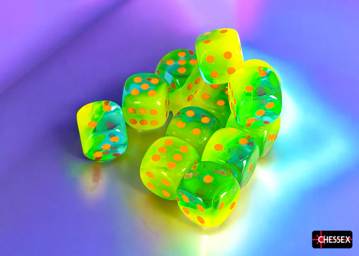 Chessex - CHX 26670 Gemini Plasma Green-Teal/orange Luminary 16mm d6 Dice Block (12 dice) (Preorder) - Image 2