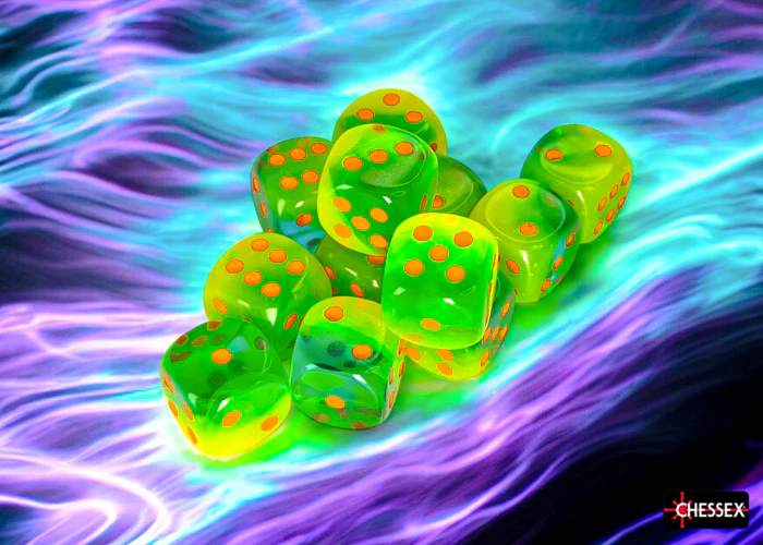 Chessex - CHX 26670 Gemini Plasma Green-Teal/orange Luminary 16mm d6 Dice Block (12 dice) (Preorder) - Image 3