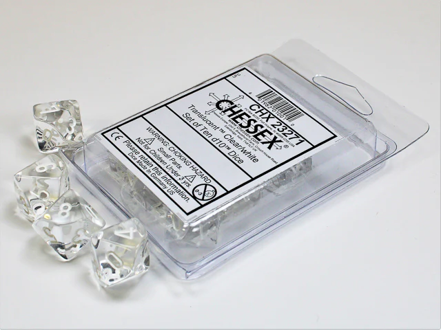 Chessex - D10 Dice 10-Piece Set - Translucent Clear/White
