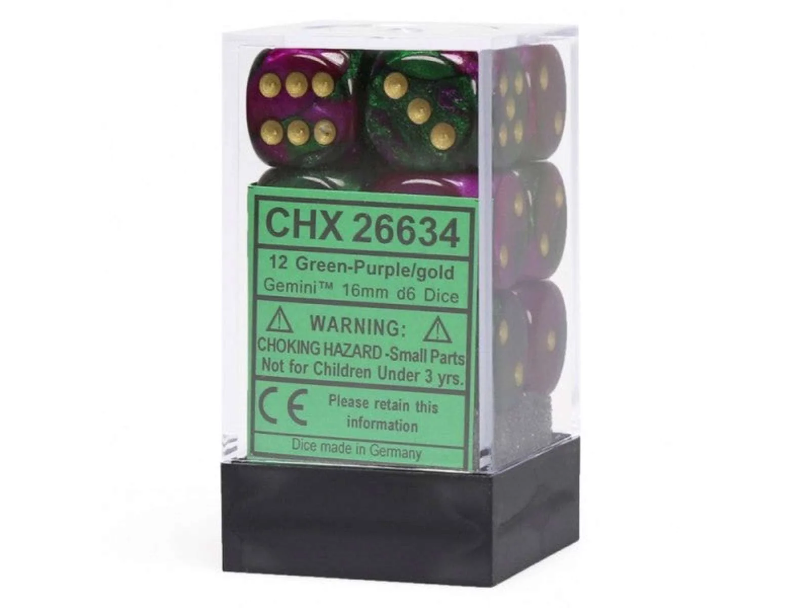 Chessex - Gemini 16mm D6 Dice Block 12-Piece Set - Green/Purple/Gold