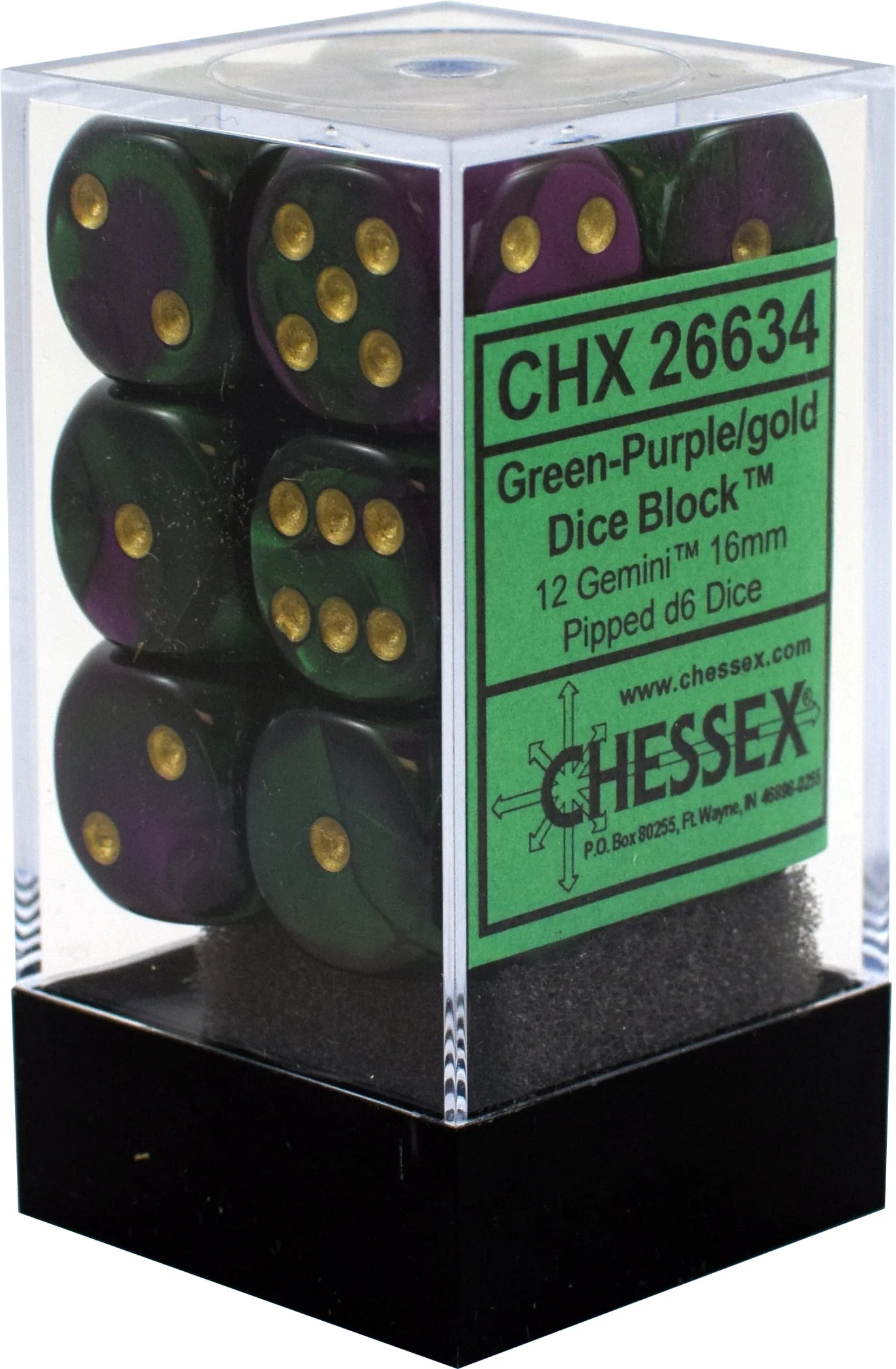 Chessex - Gemini 16mm D6 Dice Block 12-Piece Set - Green/Purple/Gold - Image 2