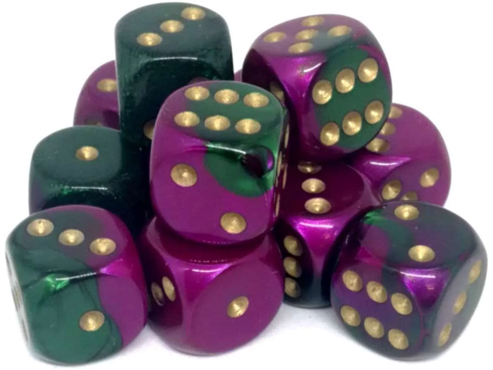 Chessex - Gemini 16mm D6 Dice Block 12-Piece Set - Green/Purple/Gold - Image 3
