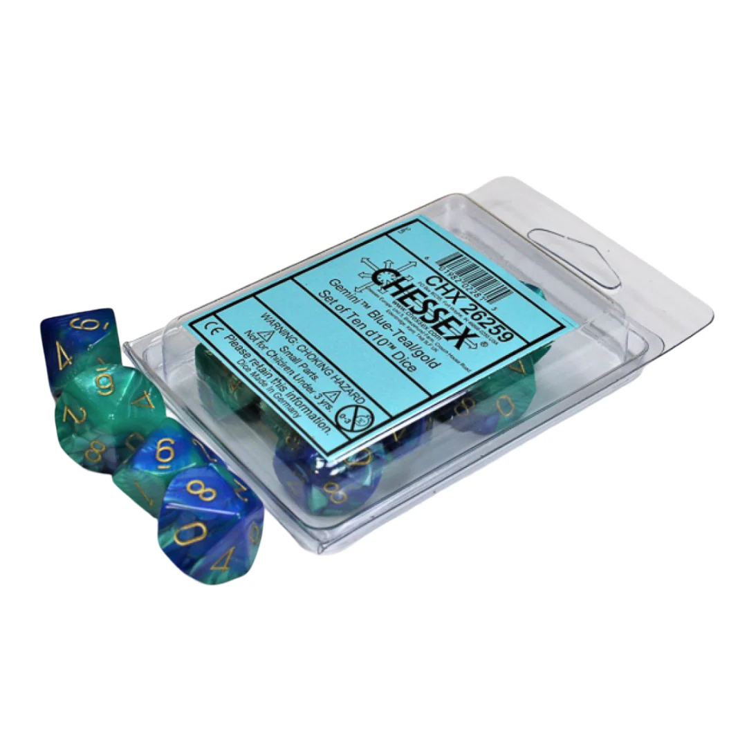 Chessex - Gemini d10 Dice 10-Piece Set - Blue-Teal/Gold - Image 2