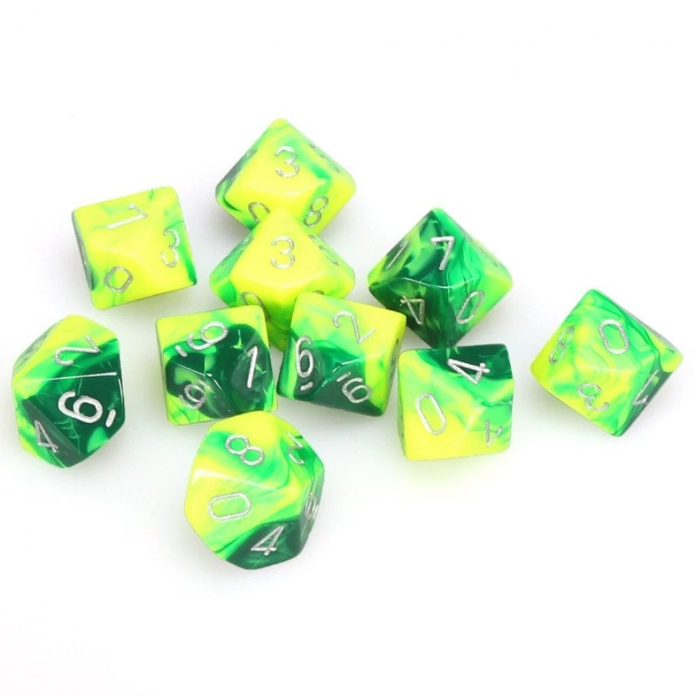 Chessex - Gemini d10 Dice 10-Piece Set - Green-Yellow/Silver - Image 3