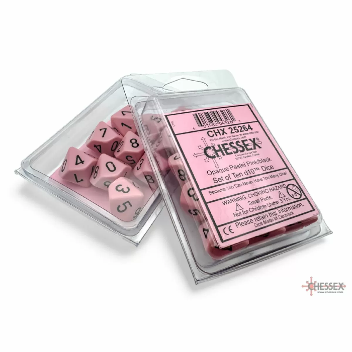 Chessex - Opaque Pastel Pink-black Set of Ten d10s - CHX25264
