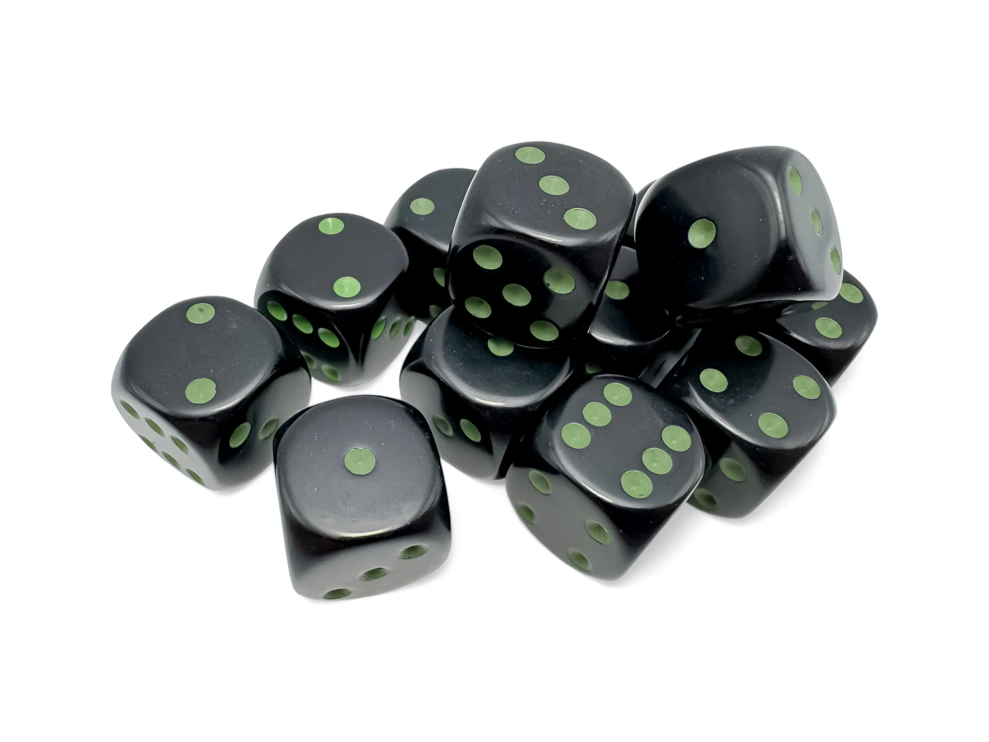 Chessex Opaque 16mm d6 Black/green Dice Block (12 dice) CHX 25658