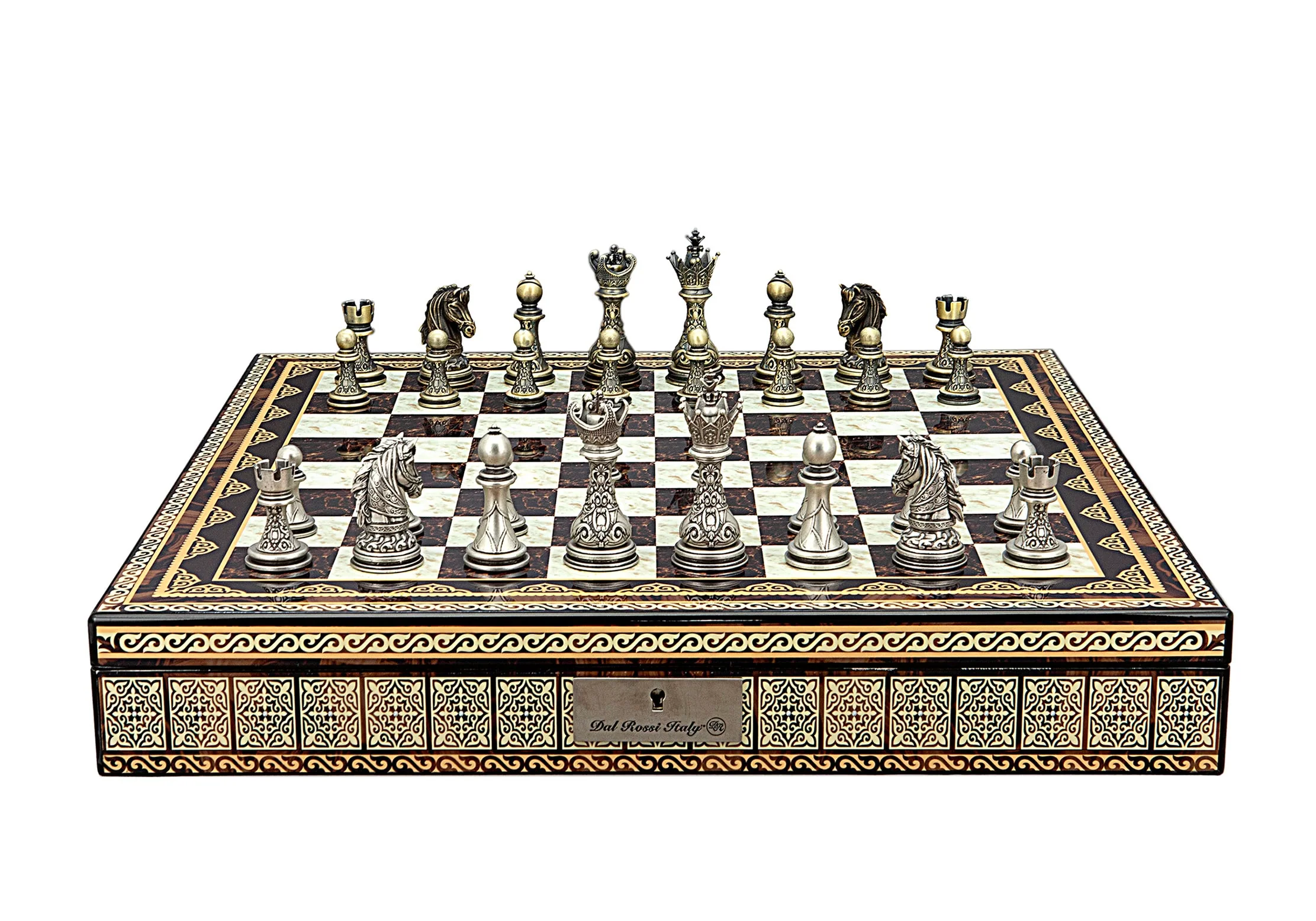 Dal Rossi Italy Chess Set with Mosaic Finish Chess Box 20" with compartments and Regal Copper and Silver 90mm Chess Pieces