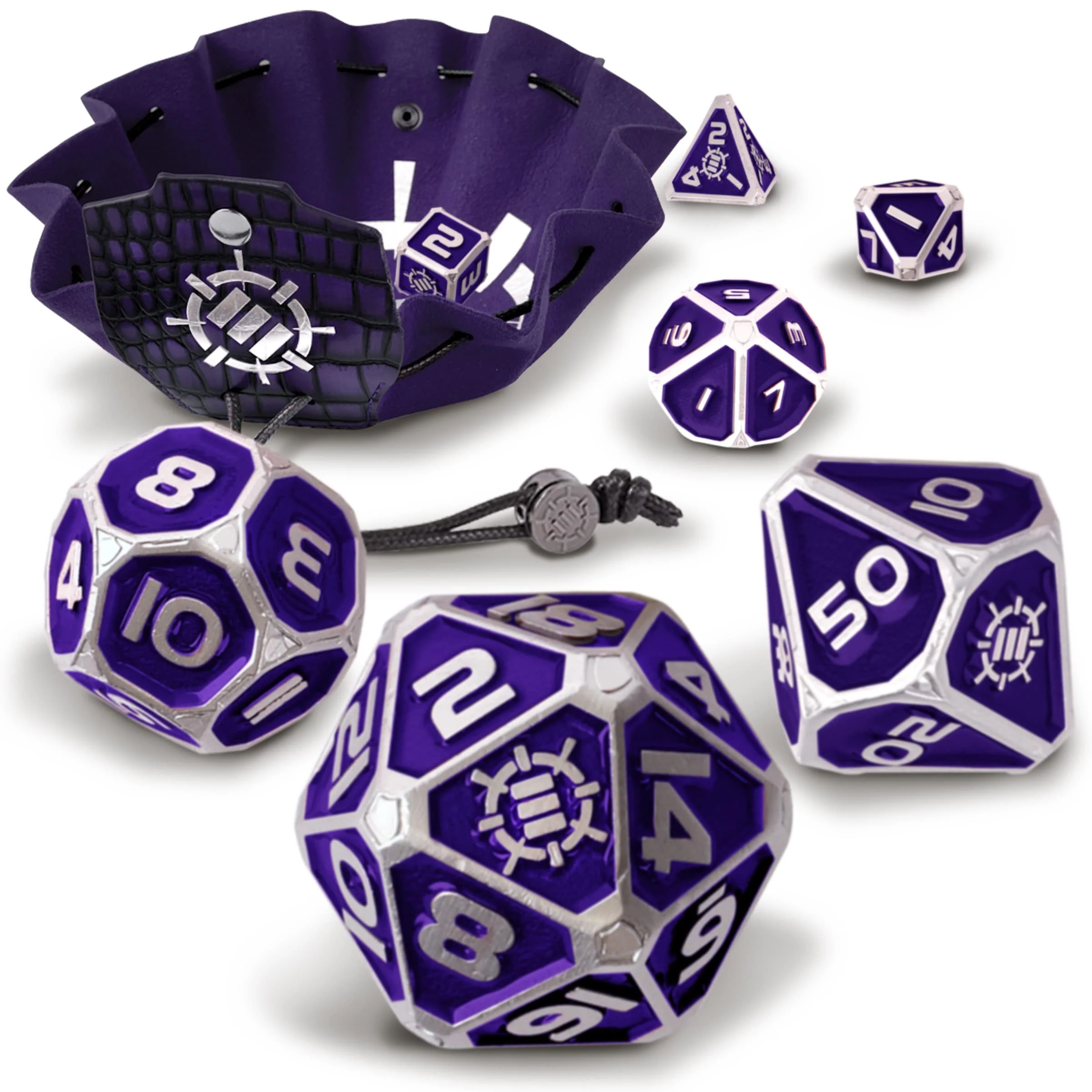 Enhance Tabletop Collector's Metal RPG Dice Set with 2-in-1 Vegan Leather Bag and Tray - Purple