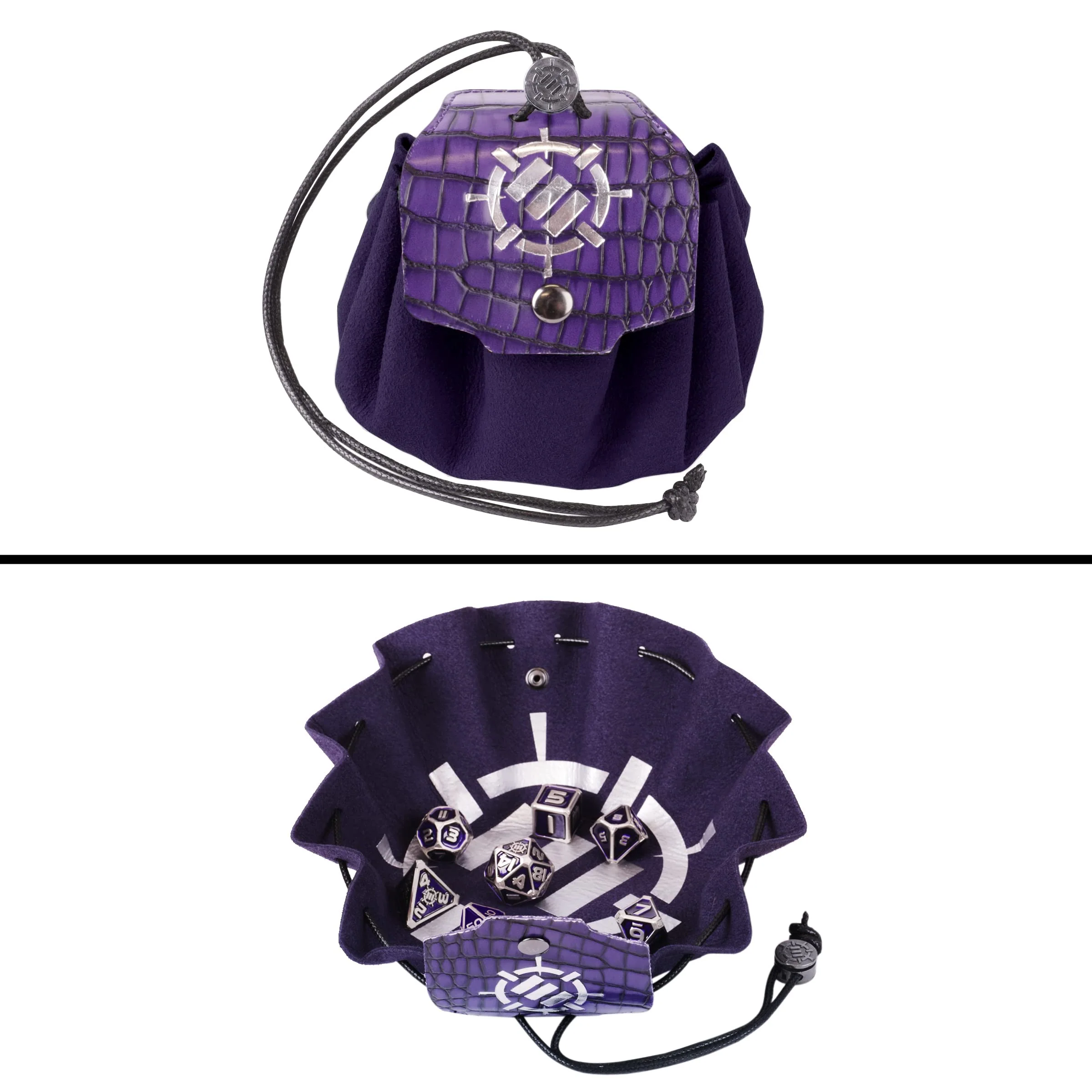 Enhance Tabletop Collector's Metal RPG Dice Set with 2-in-1 Vegan Leather Bag and Tray - Purple - Image 3