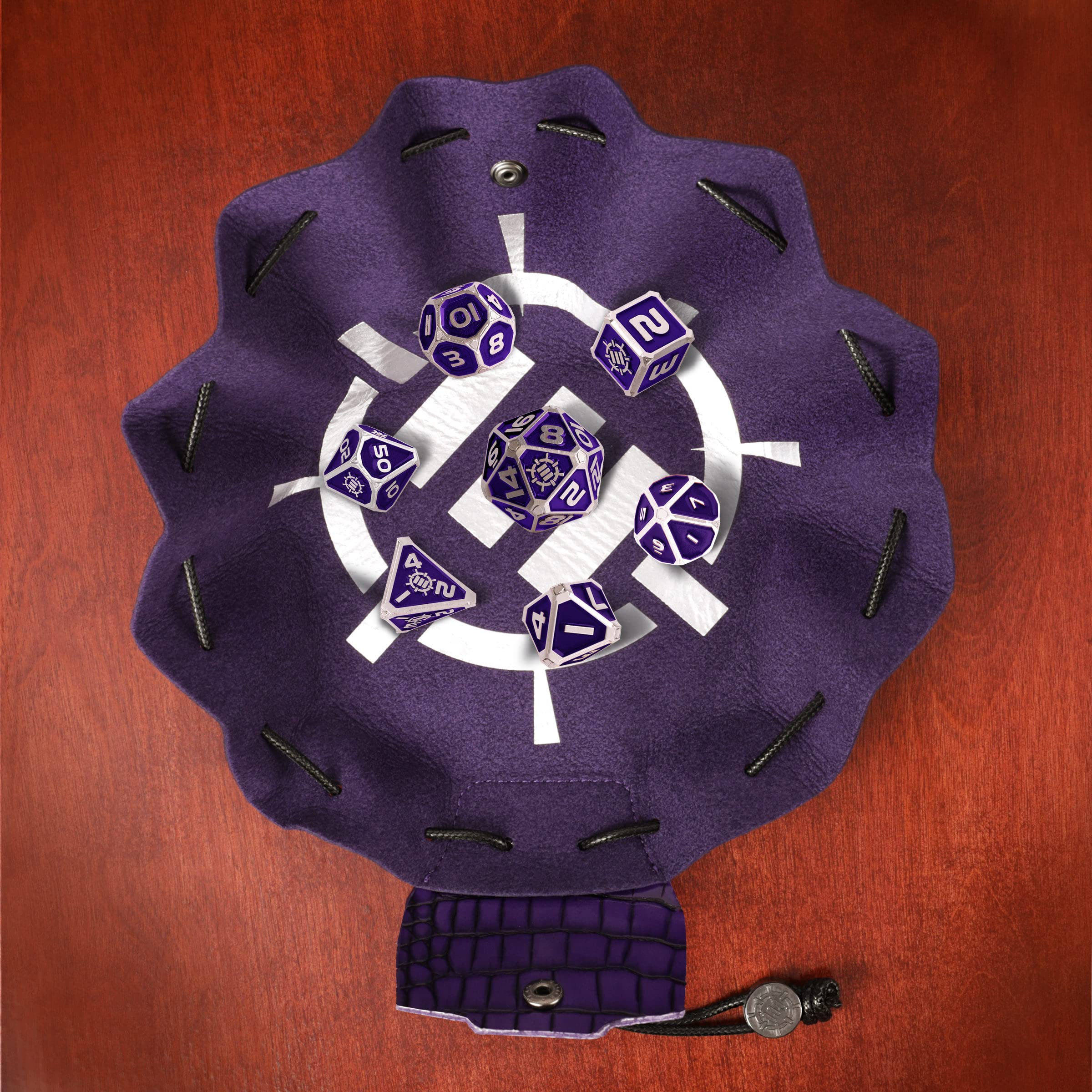 Enhance Tabletop Collector's Metal RPG Dice Set with 2-in-1 Vegan Leather Bag and Tray - Purple - Image 5