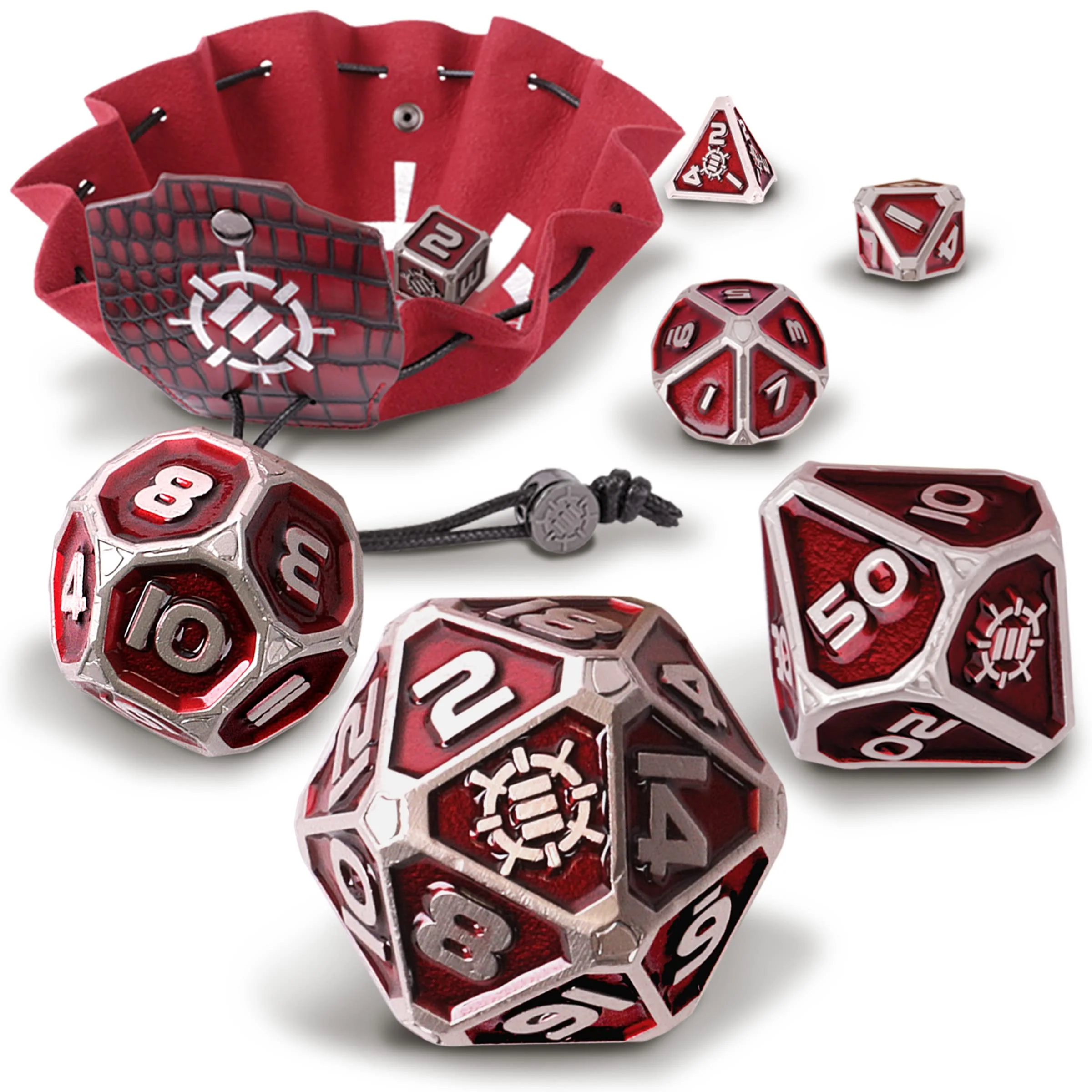 Enhance Tabletop Collector's Metal RPG Dice Set with 2-in-1 Vegan Leather Bag and Tray - Red