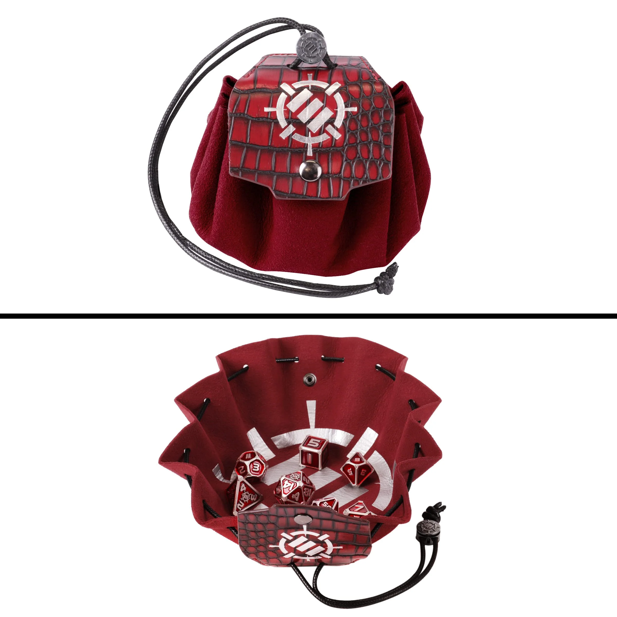 Enhance Tabletop Collector's Metal RPG Dice Set with 2-in-1 Vegan Leather Bag and Tray - Red - Image 3