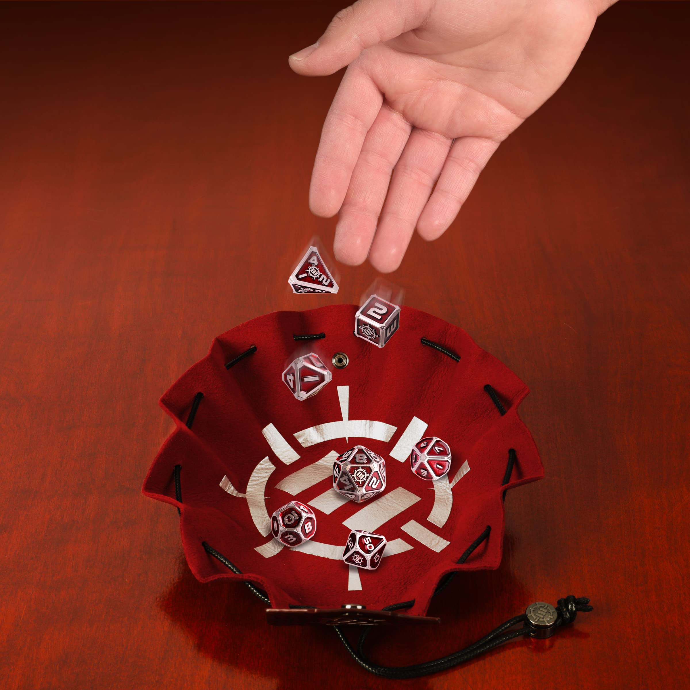 Enhance Tabletop Collector's Metal RPG Dice Set with 2-in-1 Vegan Leather Bag and Tray - Red - Image 4