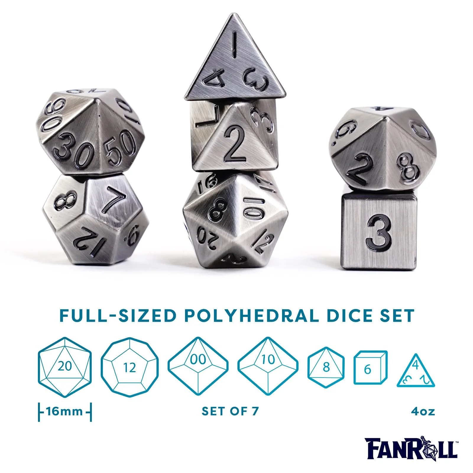 MDG 16mm Metal Polyhedral Dice Set: Antique Silver - Image 2