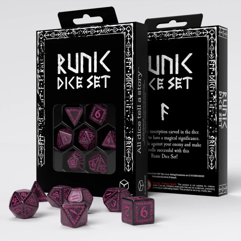 Q Workshop - Runic Shimmering RPG Dice Set - Black with Magenta