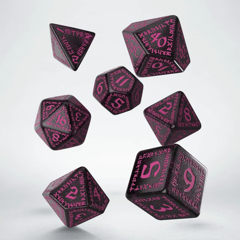 Q Workshop - Runic Shimmering RPG Dice Set - Black with Magenta - Image 2