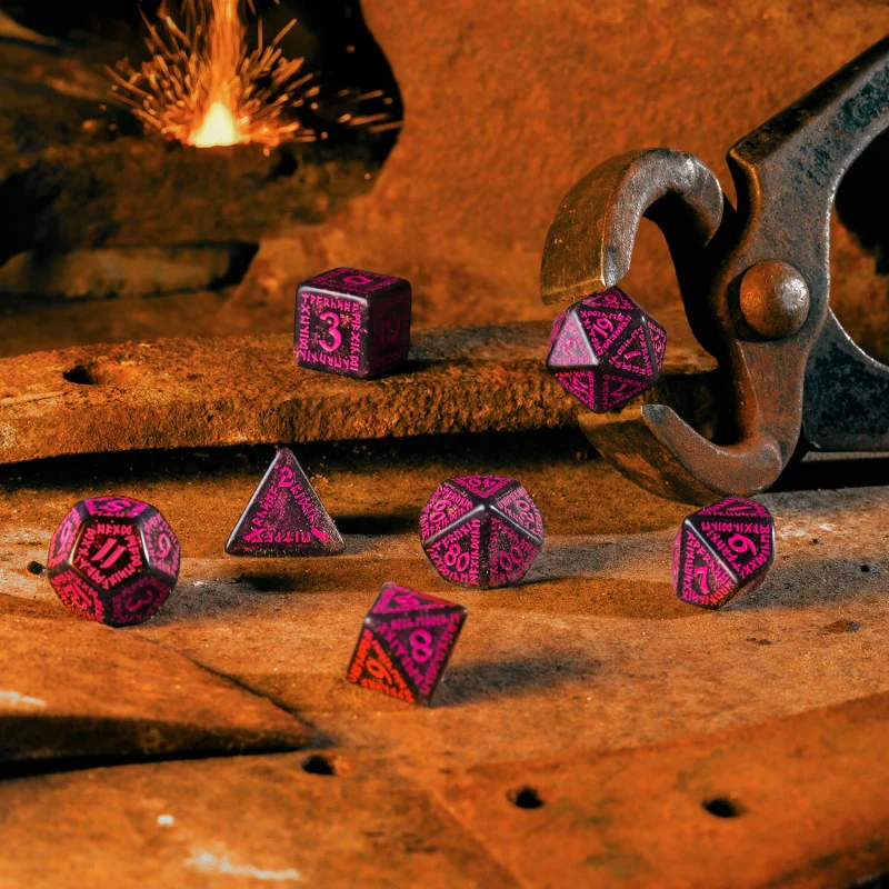 Q Workshop - Runic Shimmering RPG Dice Set - Black with Magenta - Image 3