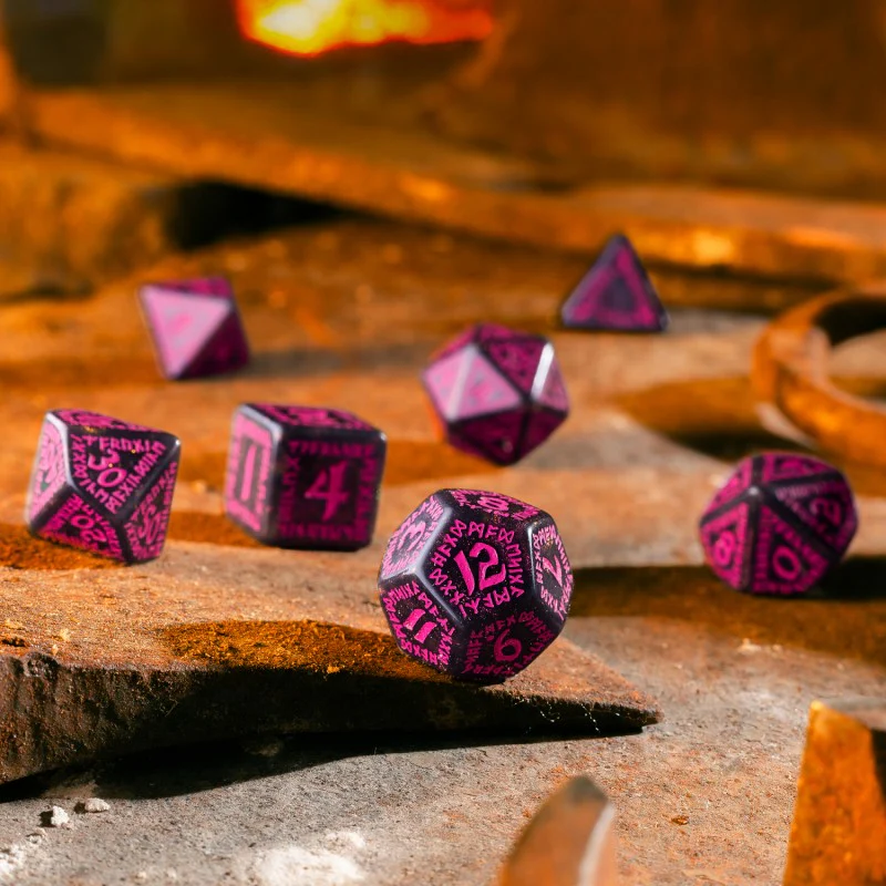 Q Workshop - Runic Shimmering RPG Dice Set - Black with Magenta - Image 4