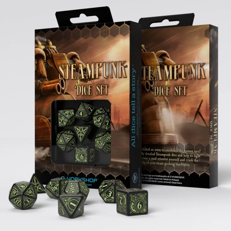 Q Workshop - Steampunk Glow In The Dark RPG Dice Set - Black & White